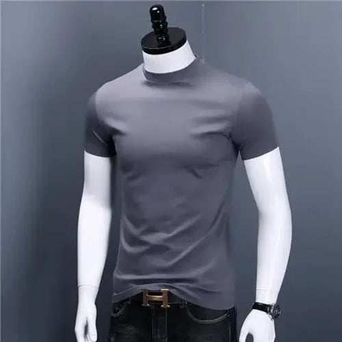 Men's Casual Turtleneck T-Shirts Short Sleeve Solid Slim Fit Silk High