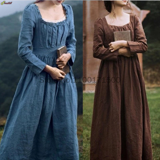 Women Medieval Victorian Retro Dress Square Collar Long Sleeves High