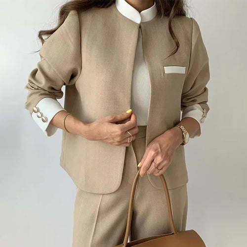 Pants Sets Two Piece Suit Elegant Women Blazer Cardigan Stand Collar