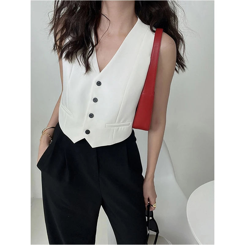 MEXZT Elegant Cropped Blazer Vest Women Vintage Black Suit Waistcoat