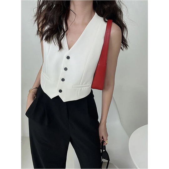 MEXZT Elegant Cropped Blazer Vest Women Vintage Black Suit Waistcoat