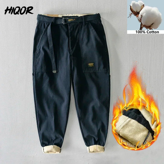 HIQOR Winter Cargo Pants Men Warm Thicken Outdoor Trousers Loose