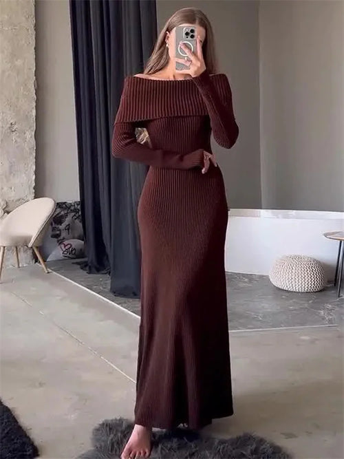 Tossy Fashion Knit Long Dress Off-Shoulder Female Ribbed Loose High