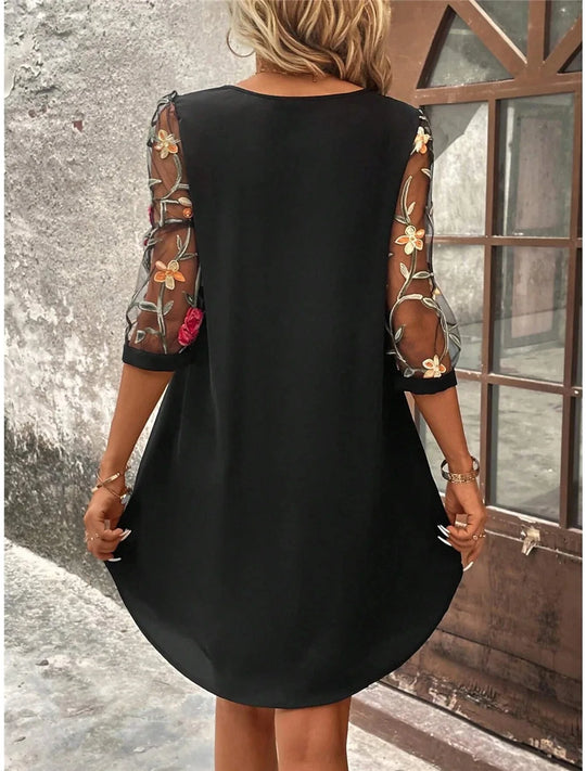 Luxury Dress Women's Perspective Mid Sleeve Printed Round Neck Mini