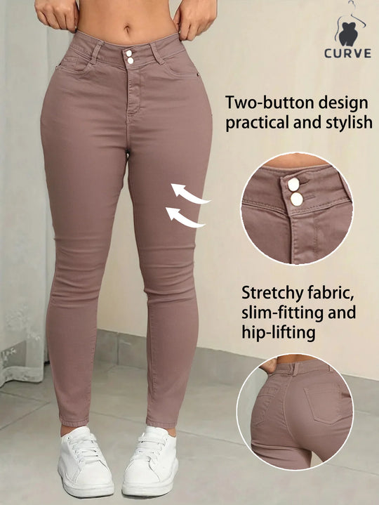 Pink women's Curvy (plus-size) jeans, stretchy skinny denim pants that fit comfortably against the skin and resist deformation