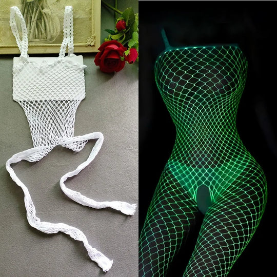 Luminous Fishnet Tights Women Elastic Mesh Open Crotch