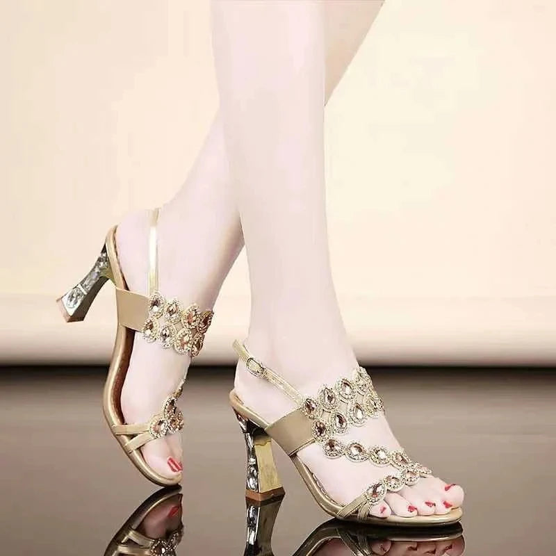 High Heels Sandals Women Summer Shoes Party Shoes Fashion Medium Heel Temperament Rhinestones Square Heel Leisure Sandals