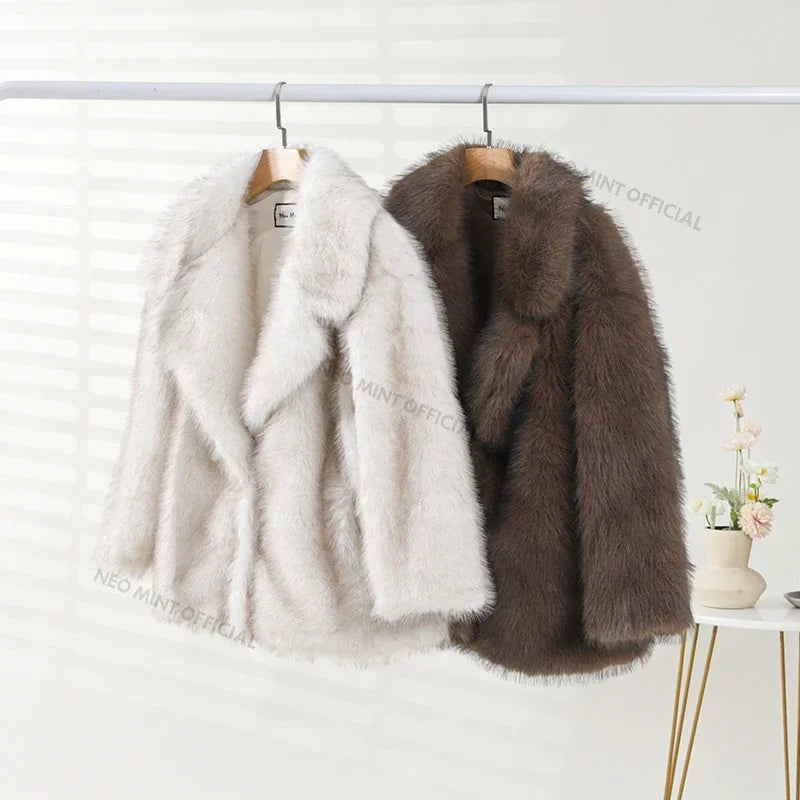 Neo Mint 2024 Winter Faux Fur Coat Women Brand Fashion Fluffy Fox Fur