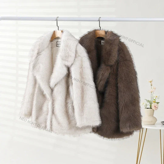 Neo Mint 2024 Winter Faux Fur Coat Women Brand Fashion Fluffy Fox Fur