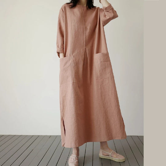 REALEFT 2024 New Cotton and Linen Women's Loose Long Dresses Pockets High Waist O-Neck Casual Straight Dress Female Summer