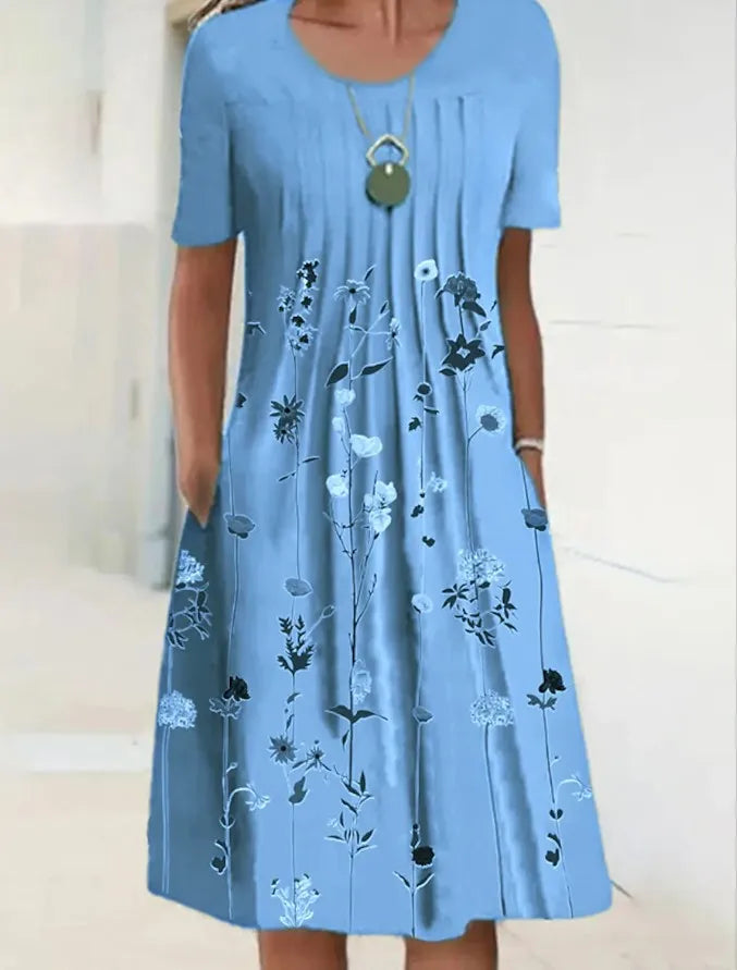 Summer Fashion Boho Floral Print Pocket Midi Dress For Women O Neck Short Sleeve Casual Loose Dress Female Women's Clothing