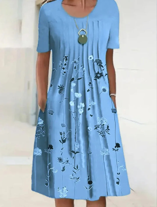 Summer Fashion Boho Floral Print Pocket Midi Dress For Women O Neck Short Sleeve Casual Loose Dress Female Women's Clothing