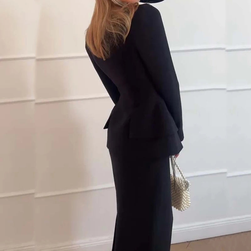 2024 Elegant Square Collar Long Sleeve Blazer&Long Skirts Suit Women
