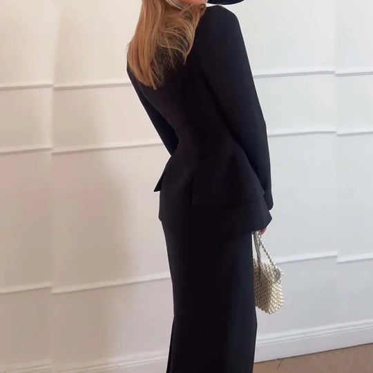 2024 Elegant Square Collar Long Sleeve Blazer&Long Skirts Suit Women