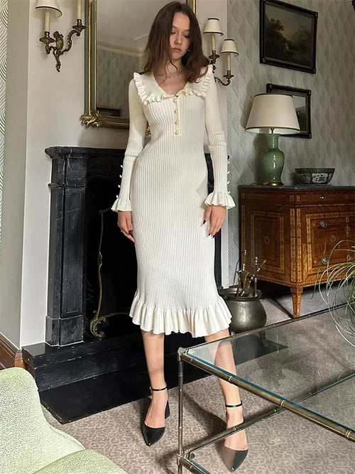 Tossy Ruffled Patchwork Knit Maxi Dress For Women Elegant Ribbed Long