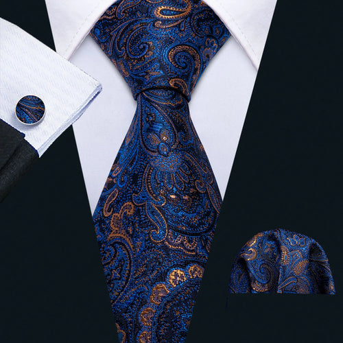 Men Tie Gold Navy Blue Striped Silk Tie 3.4" Jacquard Party