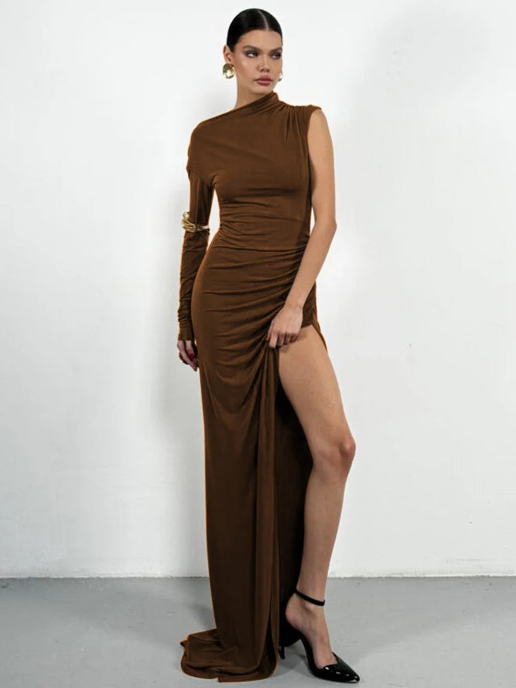 Mozision Skew Collar One Sleeve Sexy Maxi Dress For Women Gown Fashion