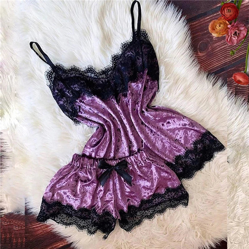 Sexy Lingerie Women Sleep Wear Camisole Bow Shorts V-Neck Tops Velvet
