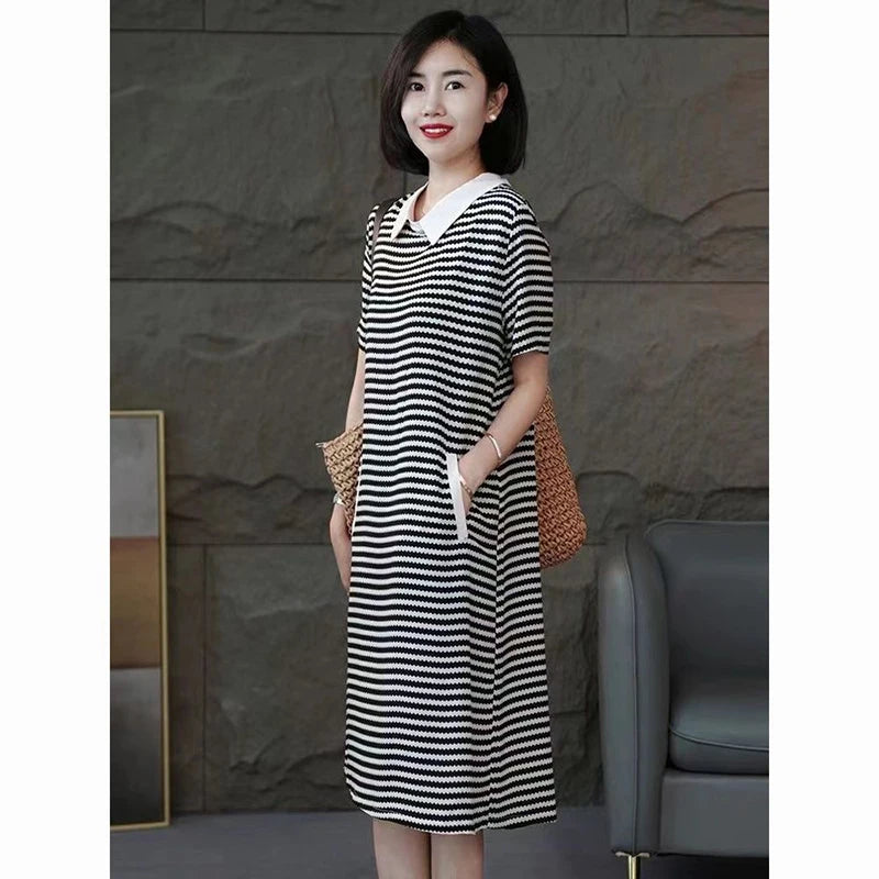 Fashion Lapel Spliced Pockets Printed Striped Casual Dresses Women's Clothing 2024 Summer New Loose Commuter Short Sleeve Dress