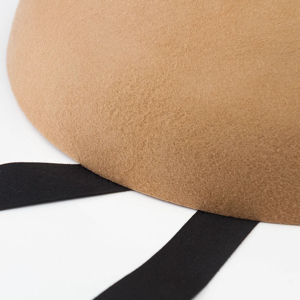 Vintage Elegant Autumn Winter Wool Felt Fedora Hat for Women Flat Top Wide Downturned Brim Hat with Tie Band Church Hat
