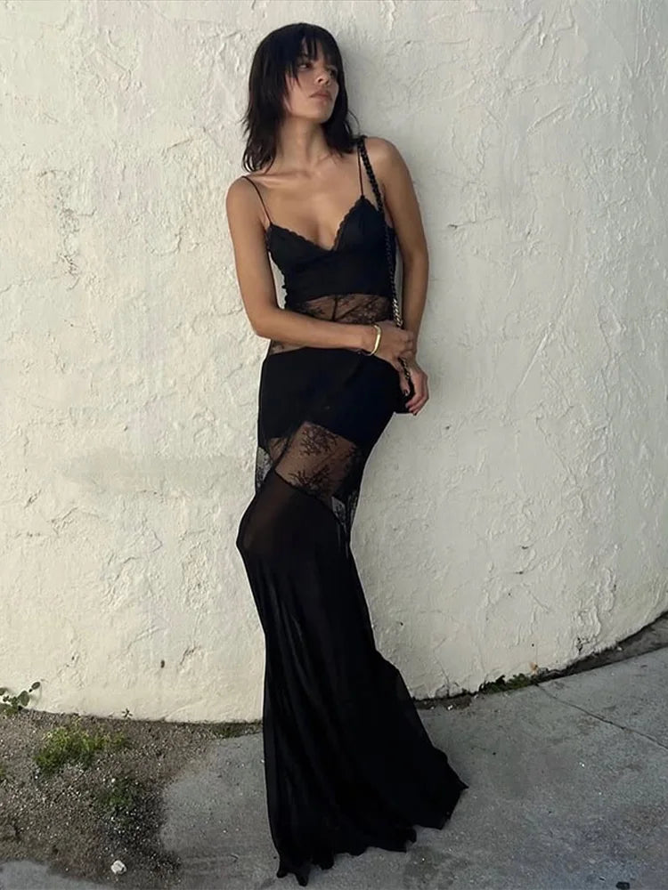 Lace See Through Sling Maxi Dress Women Sexy Slim Black Backless