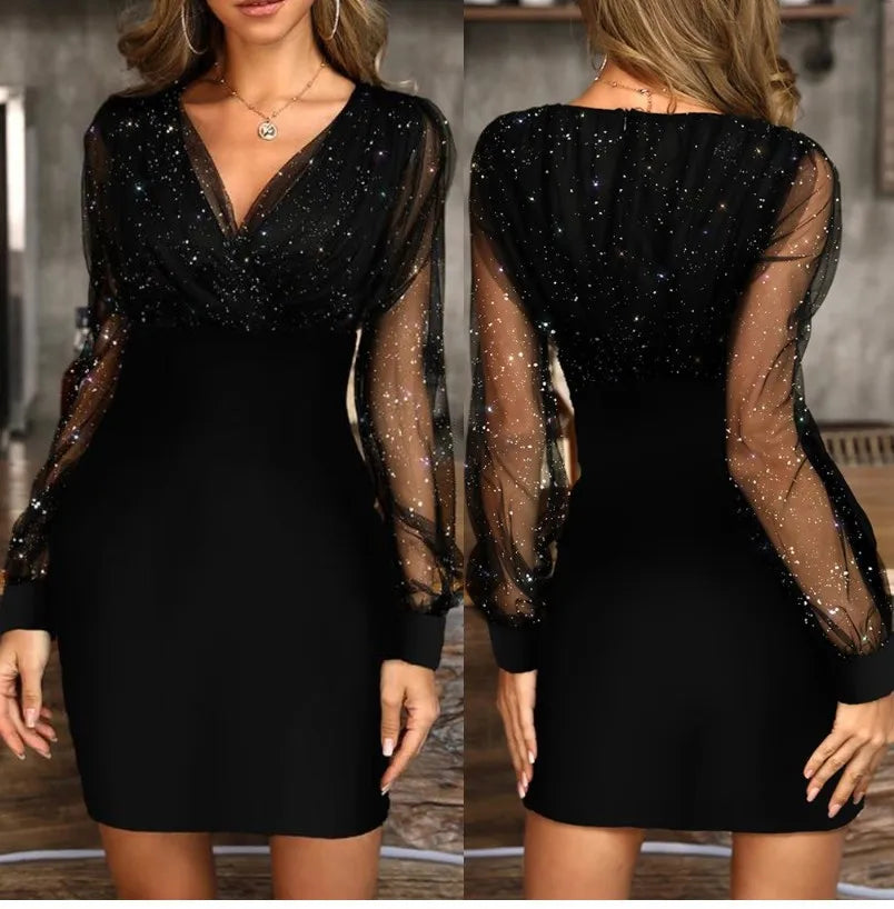 Sexy V-Neck See Through Long Sleeve Dress Women Spring Autumn Party