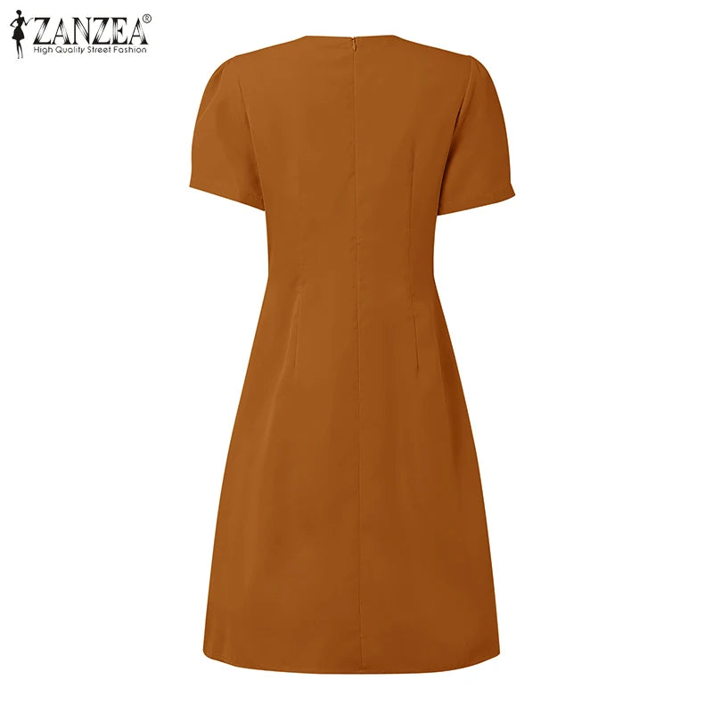 Elegant Pleated Dresses Women Summer Dress V Neck Puff Sleeve Party Vestidos Stylish Solid OL Work Sundress
