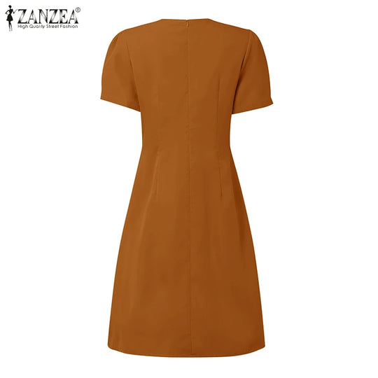 Elegant Pleated Dresses Women Summer Dress V Neck Puff Sleeve Party Vestidos Stylish Solid OL Work Sundress