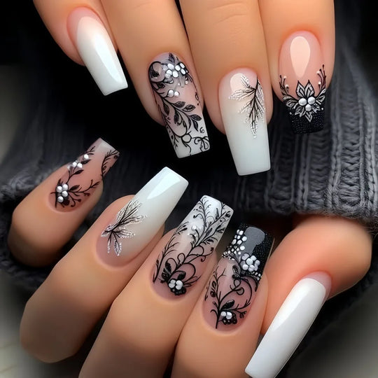 Purple Flower Press on Nails 24Pcs Almond/Coffin Wearable Fake Nails Flower Printed Woman DIY Manicure Acrylic False Nails Tips