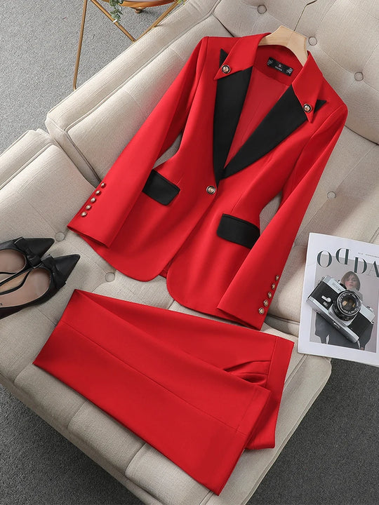Fashion Red Black Beige Women Pant Suit 2 Piece Set Office Ladies