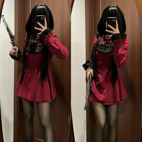 Japanese Punk Style Y2k Lolita OP Dress Women Vintage Elegant Ruffle