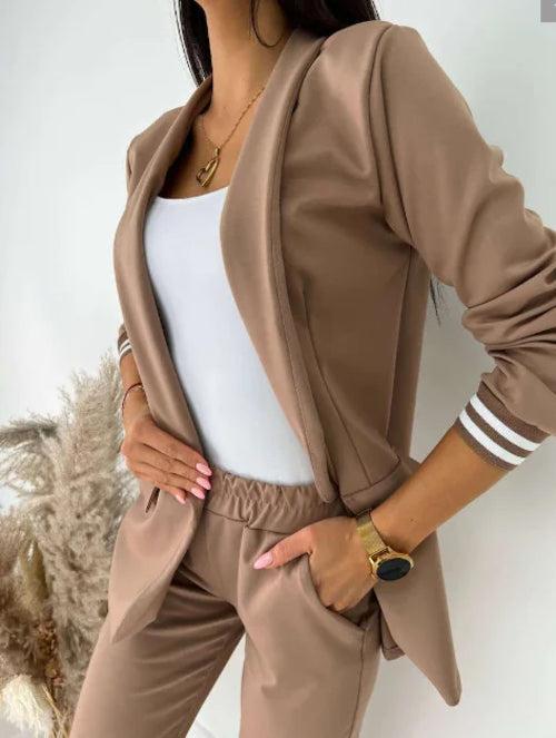 Women's Spring Double Breasted Blazer Office Pantsuit Striped Notched