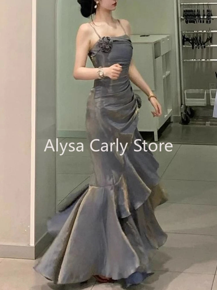Korean Vintage Velvet Long Dress Women Luxury Slim Mermaid Spaghetti