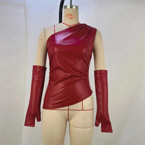Xie Shoulder Sexy Shoulder waist Women's tops Leather vest with
