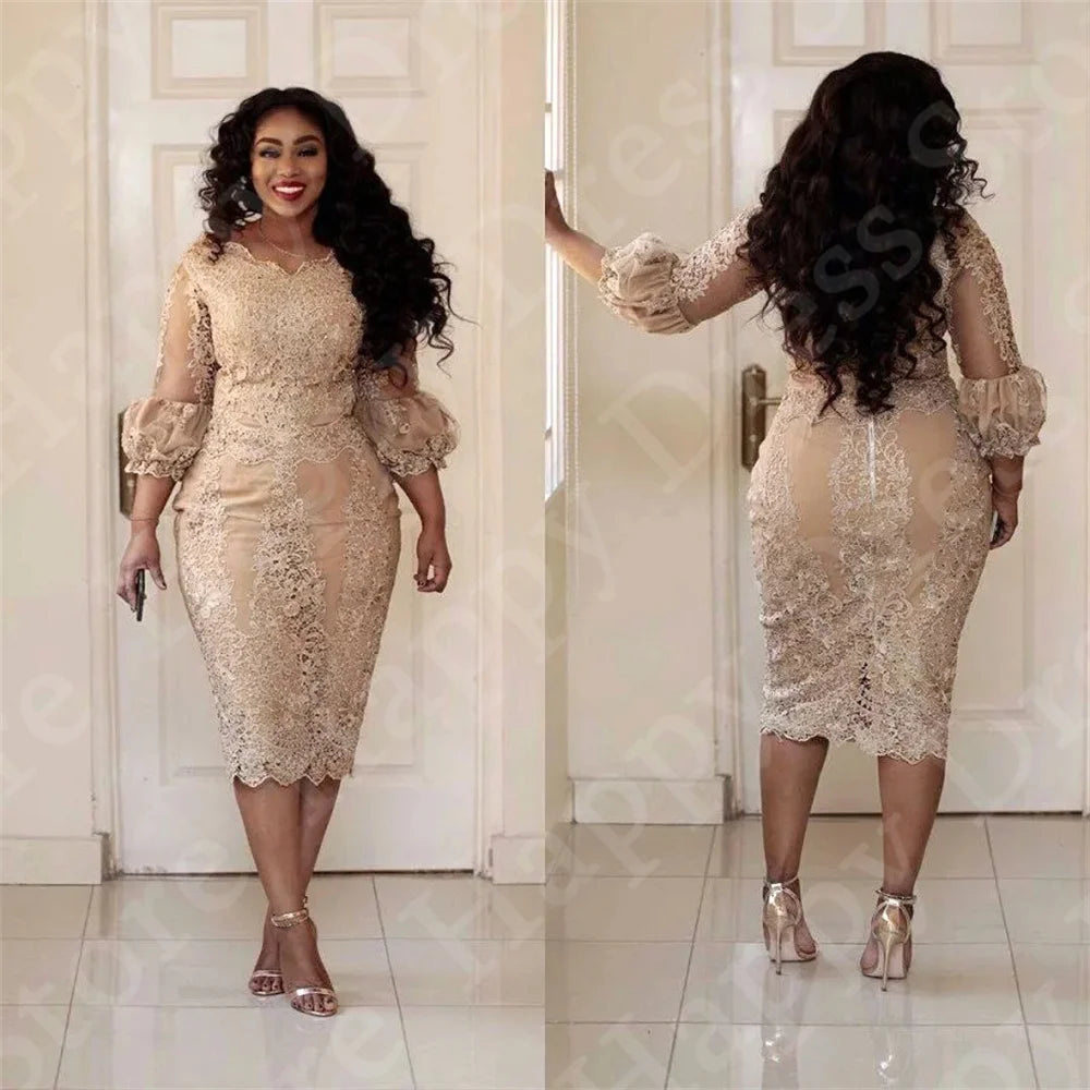 Customized Sexy Curvy Cocktail Party Dress Sheer Lace Applique 3/4 Sleeve Tea-Length Luxury Evening Dresses Dress For Women