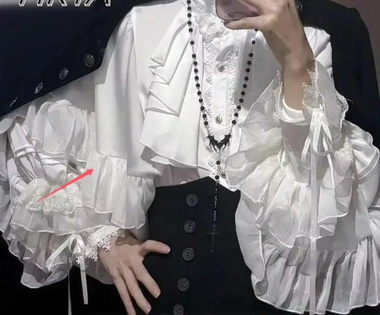 Gothic Shirt Y2k Top Lolita Girls Ruffle Umbrella Skirt High Waist Oversized Long Skirt Horn Long Sleeve Student Elegant Blouse