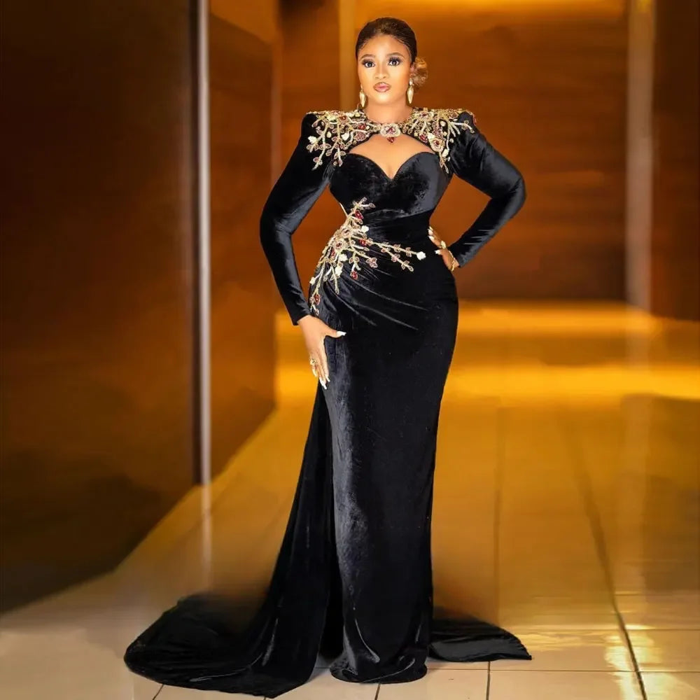 Customized Black Velvet Luxury Evening Dresses Women Shoulder Pad Sweetheart Neck Mermaid Prom Dress Applique Beaded Party Robes