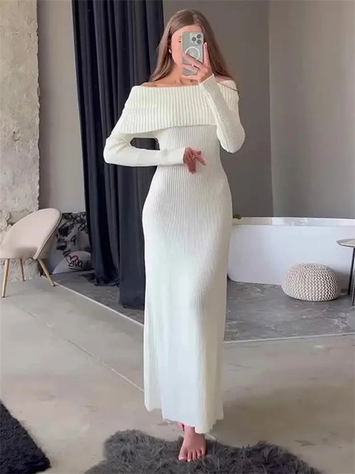 Tossy Fashion Knit Long Dress Off-Shoulder Female Ribbed Loose High