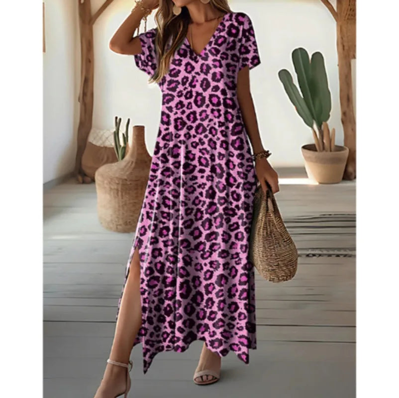 Summer Casual Loose Long Printed V-Neck Short Sleeve Dress for Women