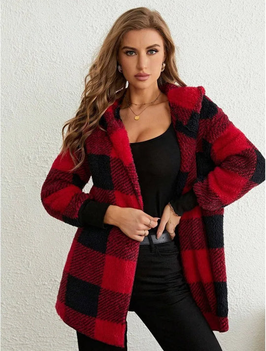 Elegant Plaid Flannel Jacket Coat Women Autumn Winter Fashion Long Sleeve Cardigan Coats Casual Loose Jackets Ladies