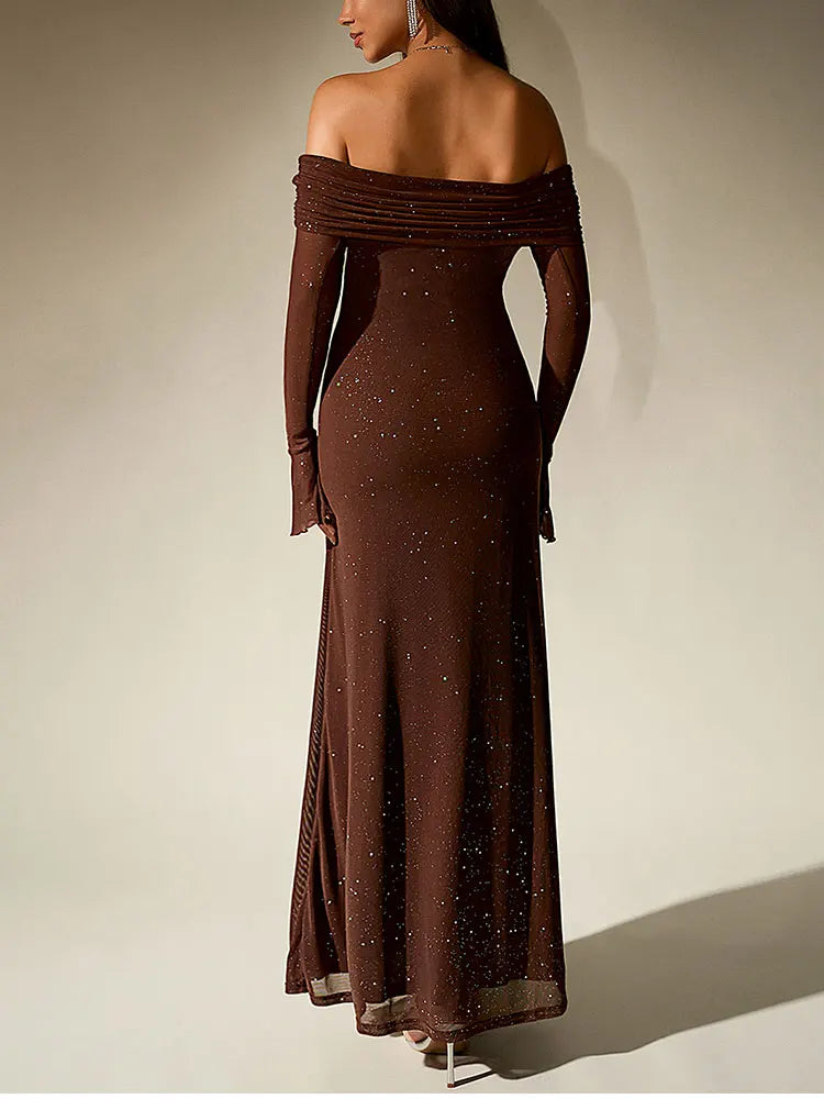 NewAsia Women's Bell Sleeve Off Shoulder Sequin Long Dress Backless