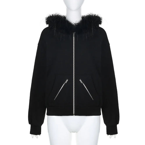 Goth Dark Faux Fur Collar Hooded Zip Up Hoodies Gothic Grunge Pockets