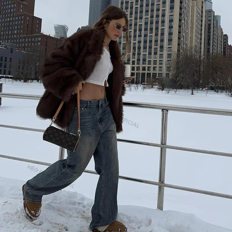 Neo Mint 2024 Winter Faux Fur Coat Women Brand Fashion Fluffy Fox Fur