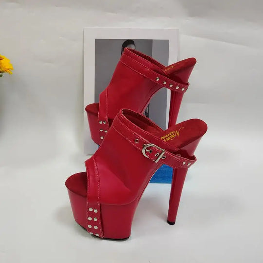 17CM Women's High Heeled Shoes Thick Platform Gothic Shallow Slippers Rivet Big Size Nightclub 7 Inches White Party Buckle Strap