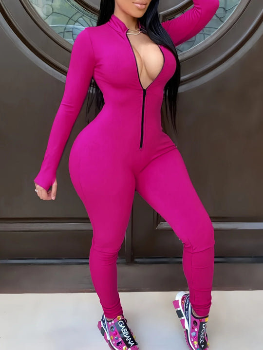 LW Plus Size Sportswear Zipper Design Jumpsuit Women Solid Long Sleeve Bodycon Fashion Sports Jumpsuits Casual Fitness Overall