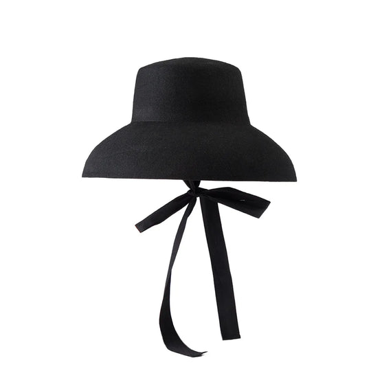 Vintage Elegant Autumn Winter Wool Felt Fedora Hat for Women Flat Top Wide Downturned Brim Hat with Tie Band Church Hat