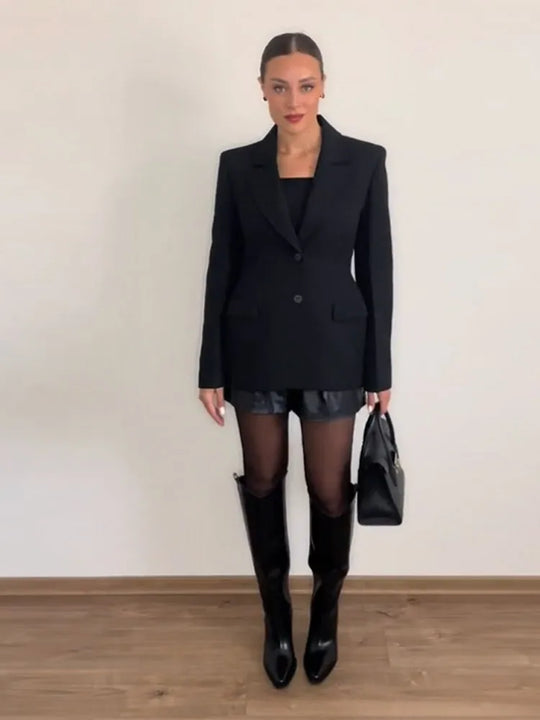 Elegant Shoulder Pad Slim Suit Jackets Women Solid Lapel Long Sleeved