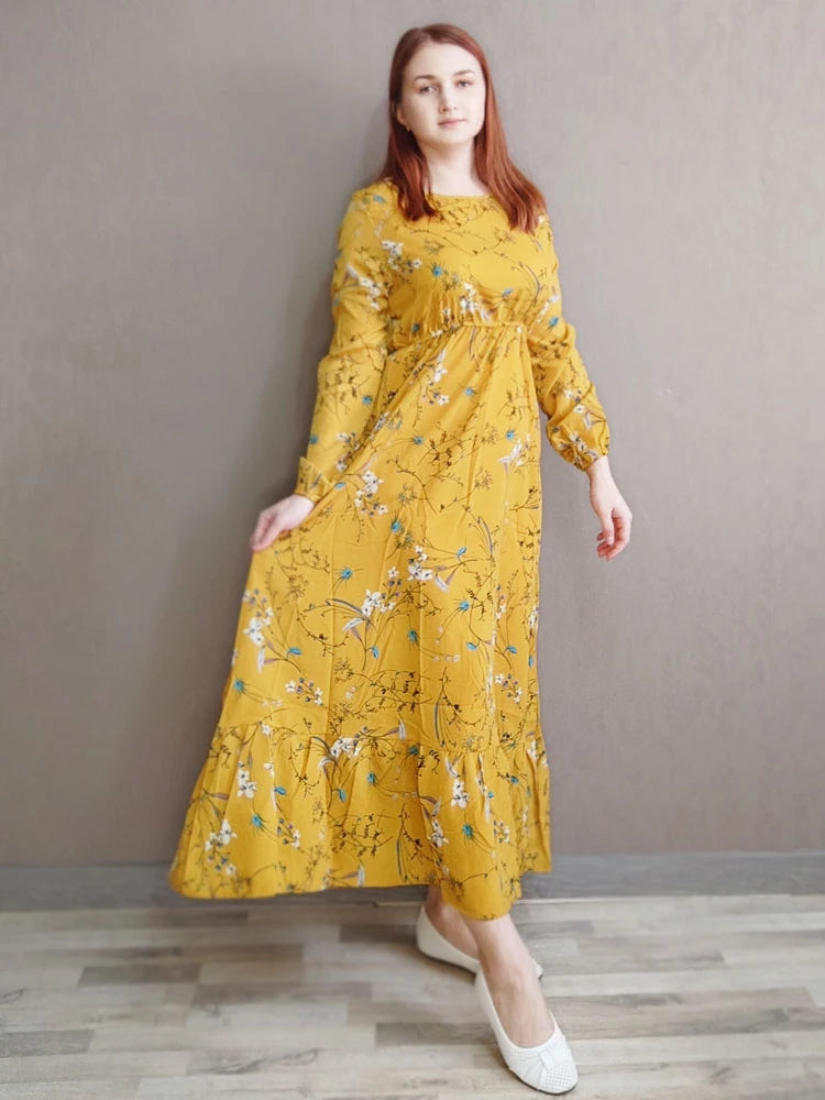 Spring Summer Women Maxi Dresses Casual Full Sleeve Floral Printed