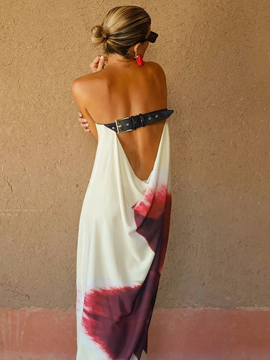 JULISSA MO Sexy Strapless Print Floral Belt Women Maxi Dress Yellow
