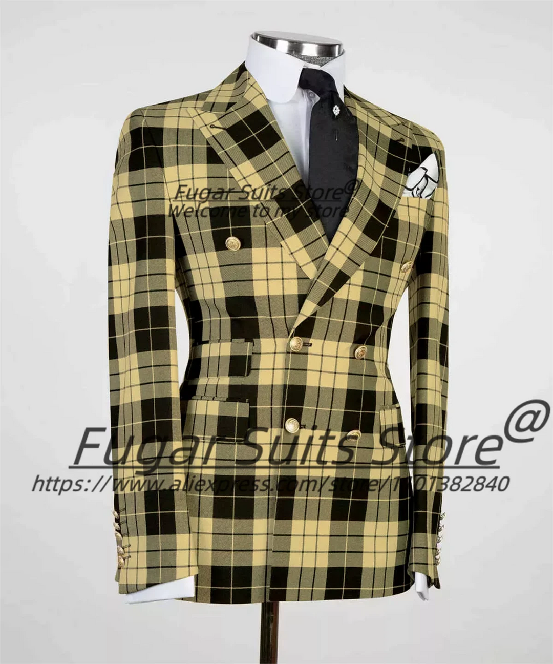 British Plaid Men Suits Slim Fit Double Breasted Groom Wedding Tuxedos 2 Pieces Sets Elegant Male Blazers Ropa Hombre